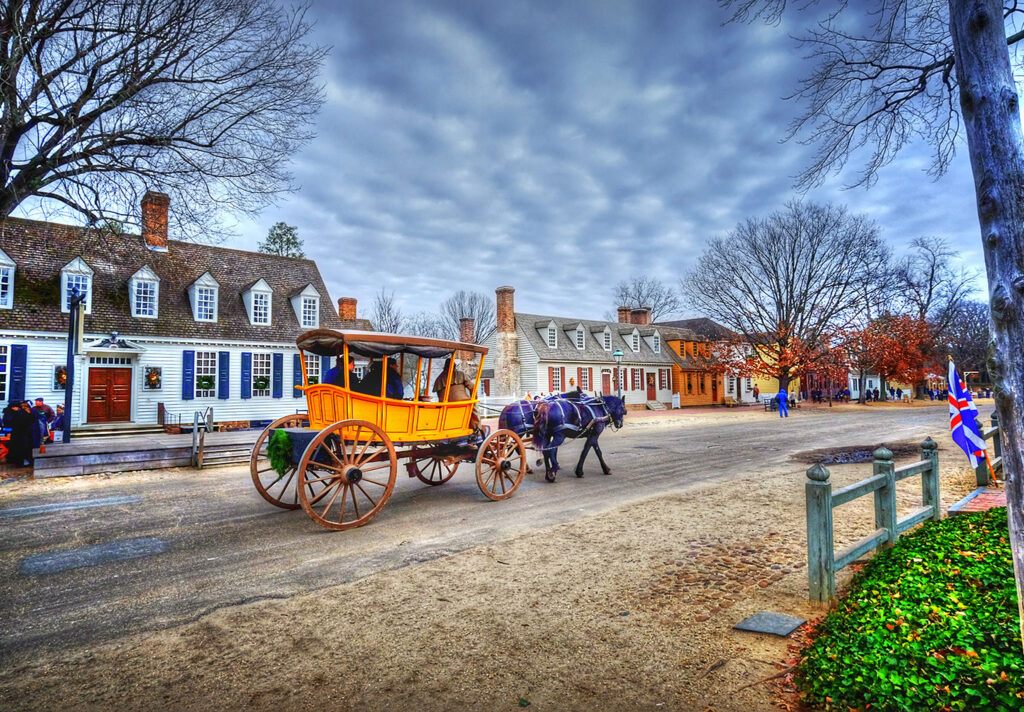 A horse-drawn carriage ride through the streets of Williamsburg.